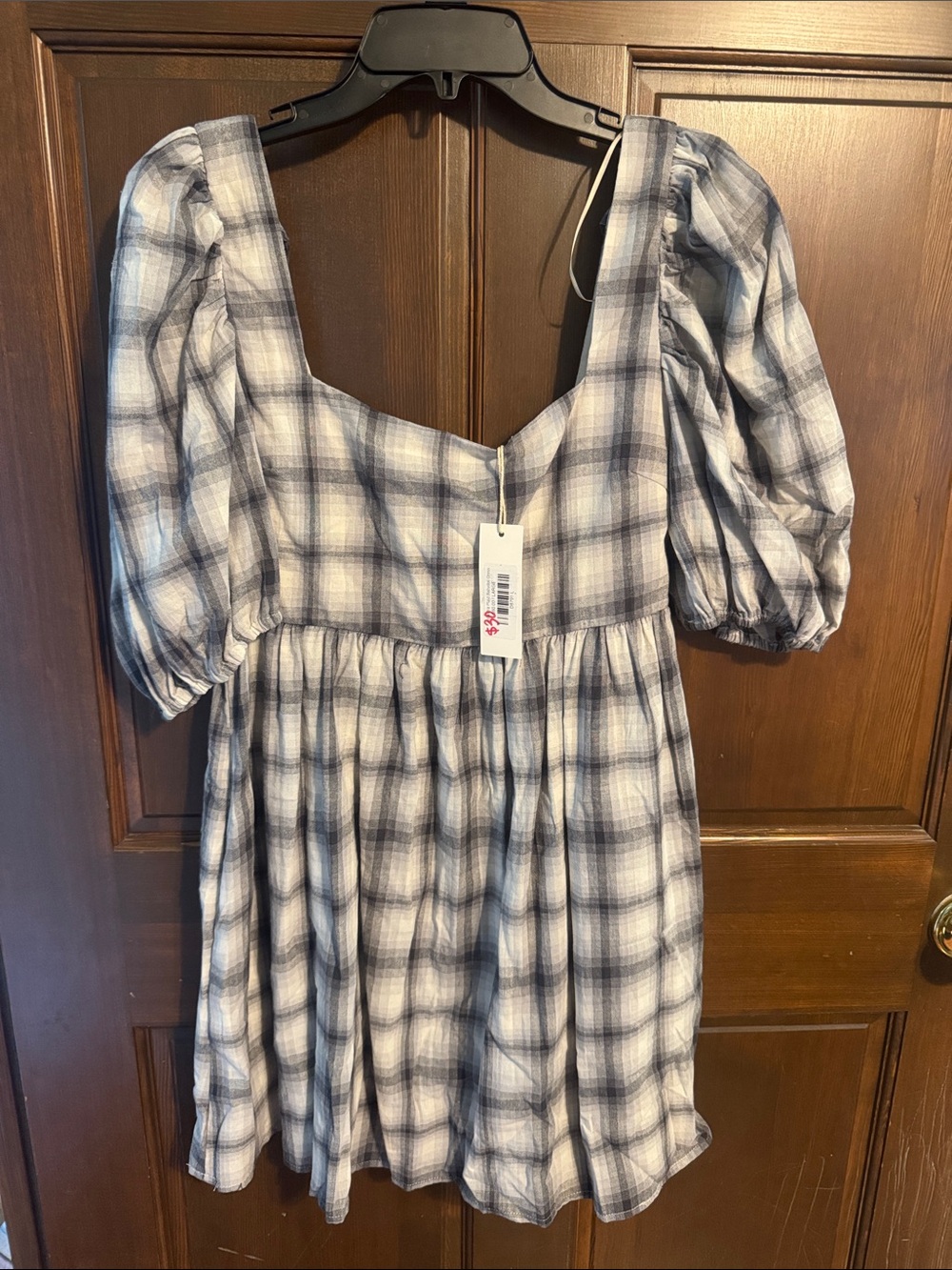 Square-Neck Puff Sleeve Mini Dress in Blue Plaid